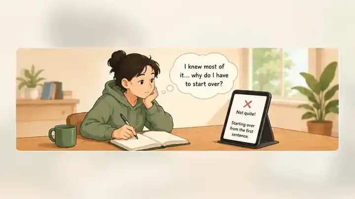 A beginner language learner writing at a desk while a test asks them to restart from the first sentence
