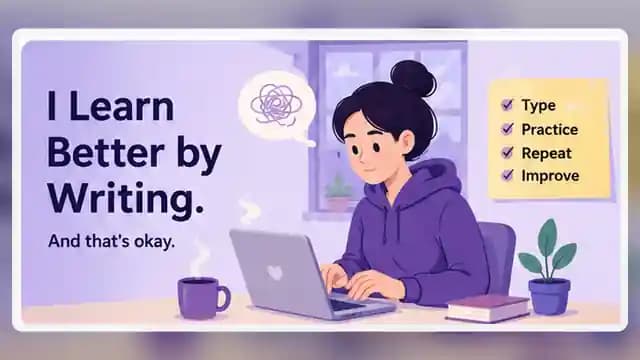 A language learner typing on a laptop beside a checklist that says type, practice, repeat and improve