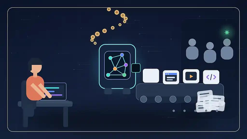 A glowing AI production machine sends code, documents, apps, and videos along a conveyor belt toward a lone person and an empty audience.