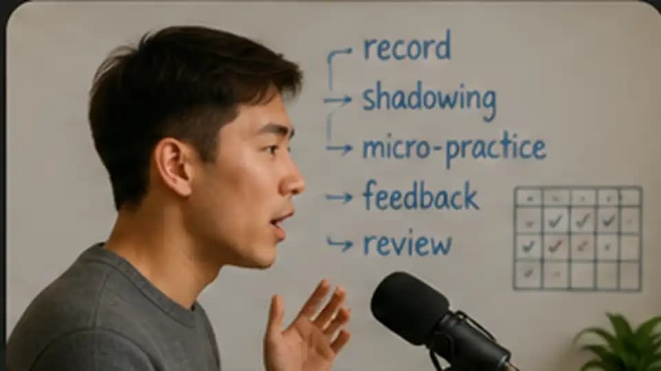 A language learner practises speaking into a microphone beside a visual checklist for recording, shadowing, feedback, and review.