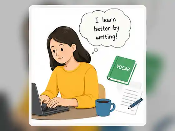 A language learner typing at a laptop and thinking that writing helps her learn