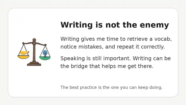 A balance scale beside a note explaining that writing can be a bridge to speaking